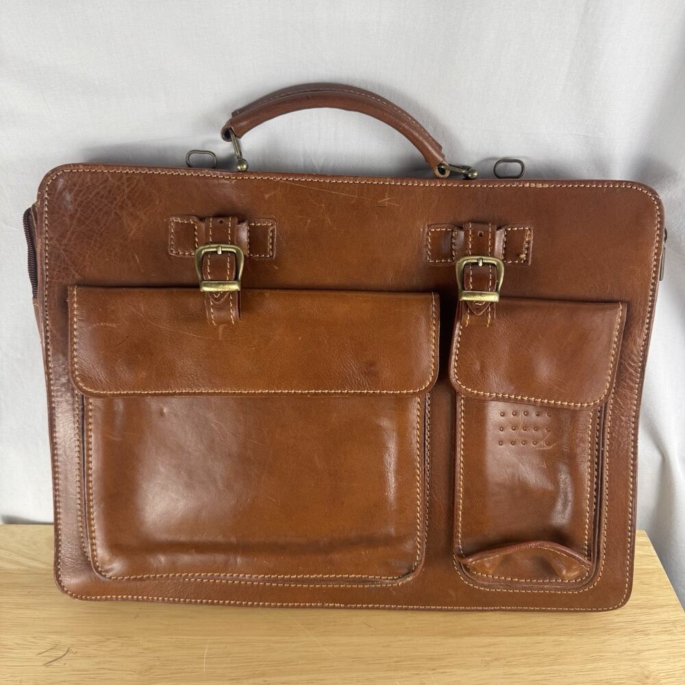 Vintage (Likely Italian) Brown Leather Briefcase with Handle, Zippers, & Pockets